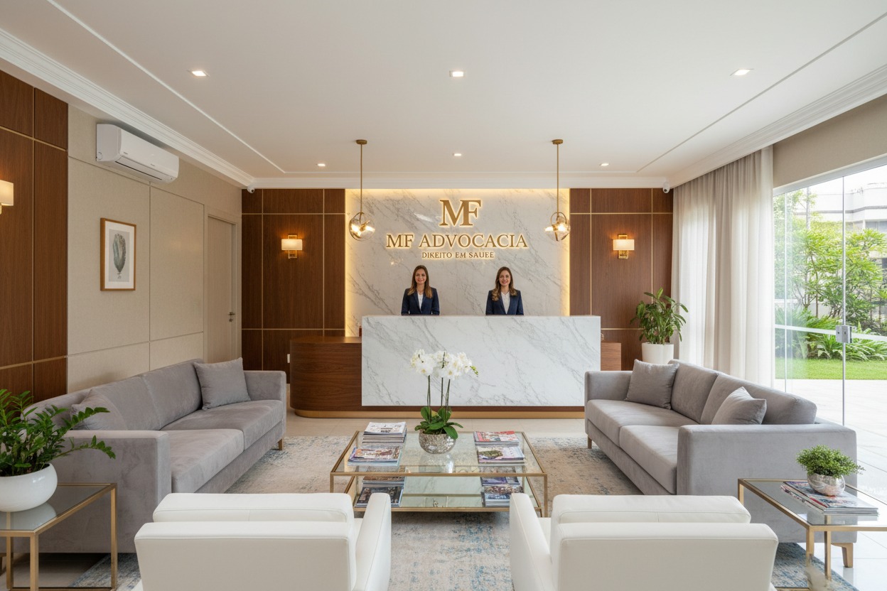 Duas recepcionistas estão atrás de um balcão de mármore iluminado com o logotipo da MF Advocacia em uma sala de espera elegante com sofás cinzas e poltronas brancas.